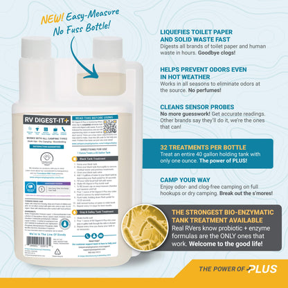 Unique RV Digest-It Ultra - 32 Super Concentrated RV Toilet Treatments - Eliminates Smells and Liquifies Waste, Easy-Measure Extra-Strength Bio-Enzymatic Holding Tank Treatment (32 oz)