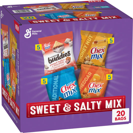 Chex Sweet & Salty Snack Variety Pack, Individually Wrapped Snack Bags, Party and Lunch Packs, Muddy Buddies Peanut Butter and Chocolate, Chex Mix Traditional, Cheddar, Honey Nut, 35 oz/20 Bags