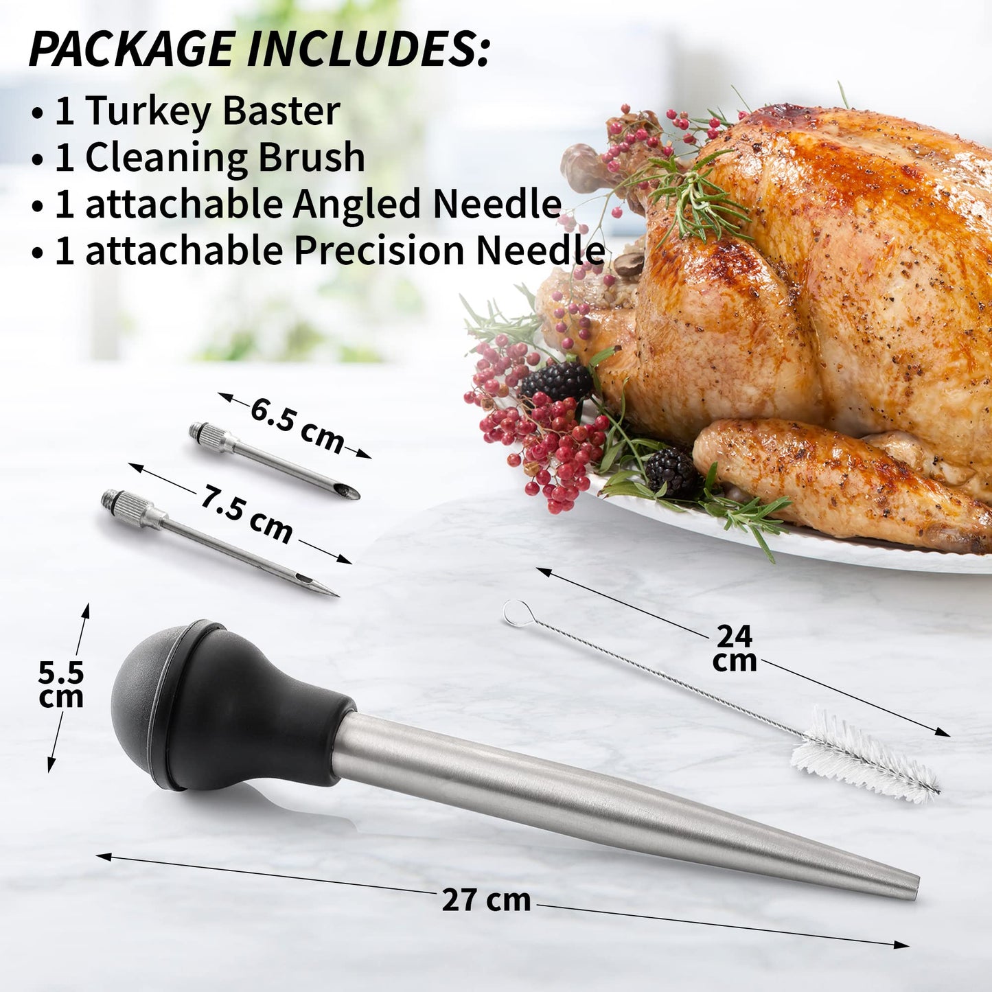 Zulay Kitchen Stainless Steel Turkey Baster for Cooking - Food Grade Metal Baster Syringe & Silicone Suction Bulb - Large Size With 2 Detachable Needles and Cleaning Brush