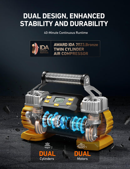 AstroAI Portable 160 PSI DC Heavy Duty Tire Inflator Pump Auto Shutoff with Screen, Dual Cylinders & Dual Motors, 12V Air Compressor for SUVs, RVs, ORVs, Cars, Air Mattresses, etc. Yellow(NO AC)