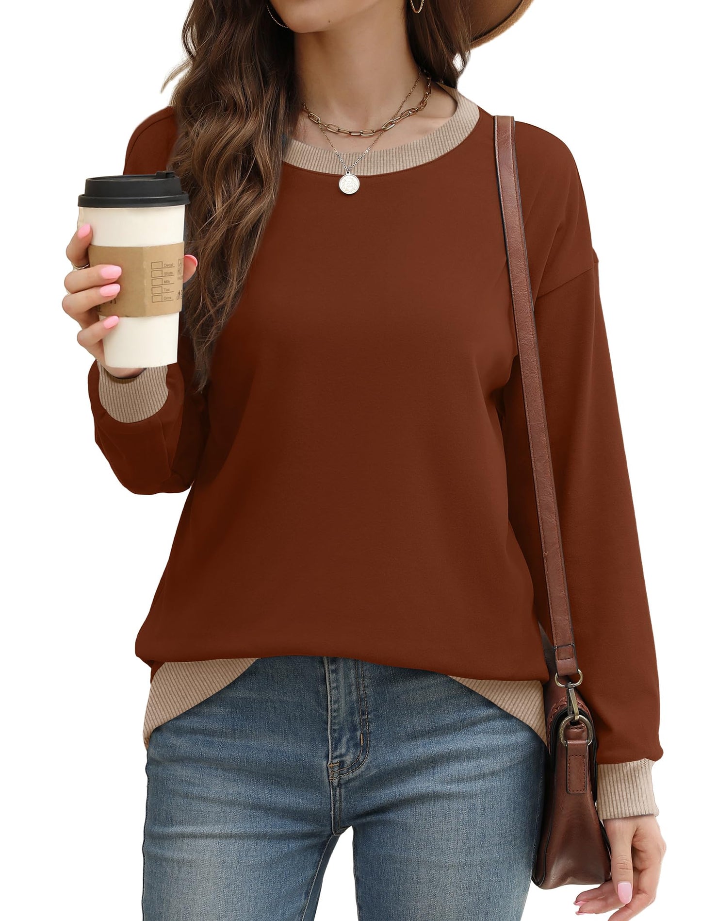 Saloogoe Women's Sweaters Pullover Long Sleeve Tops Fall Clothes Outfits 2025 Womens Fashion Clothing Caramel L