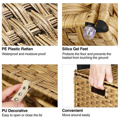 GREENSTELL Storage Basket with Lid, 27.7 Gallon(105L) Lagre Wicker Blanket Storage Basket with Handles, Foldable, 2 Removable Liner Bags, Metal Frame, for Bedroom, Laundry Room, Natural