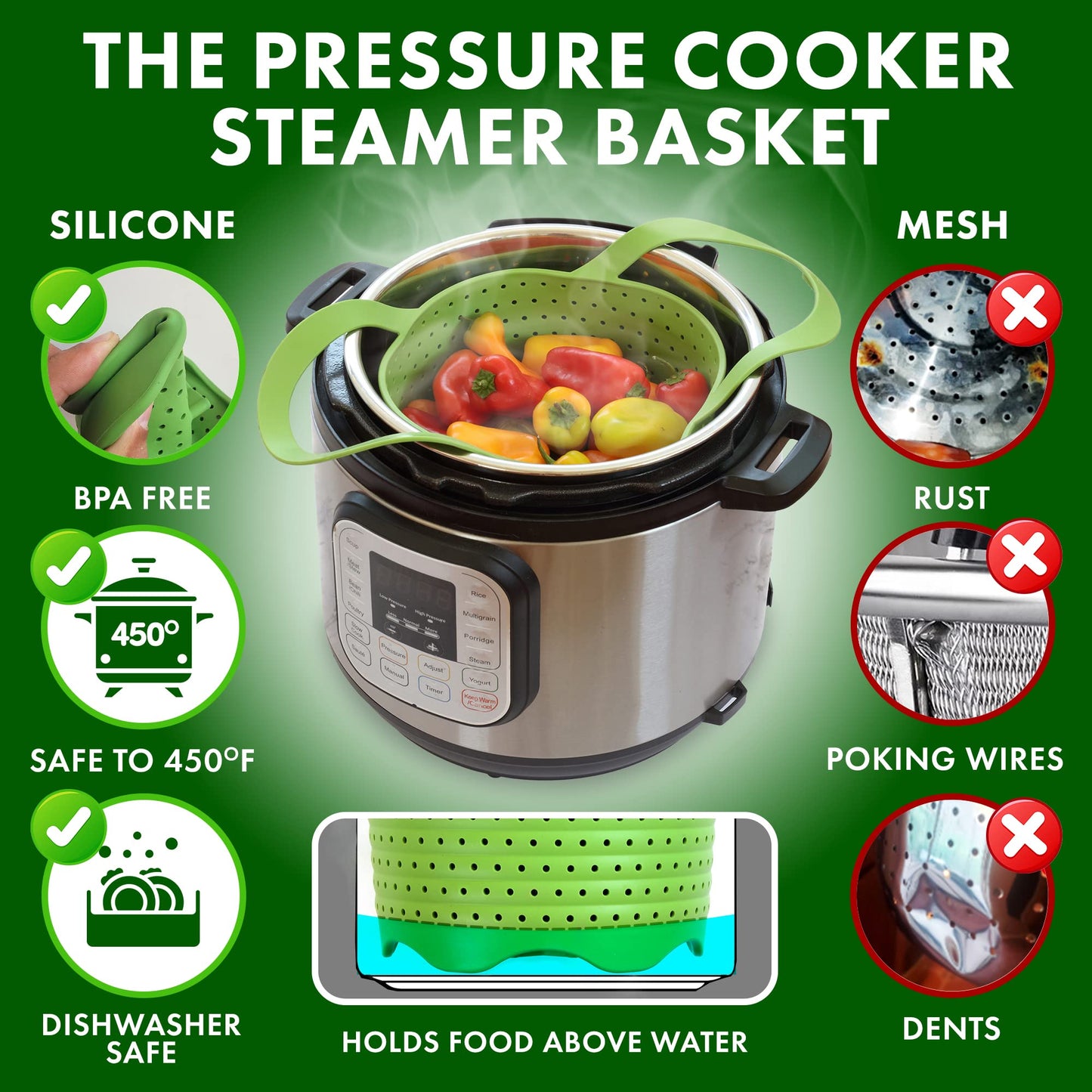 Avokado Silicone Steamer Basket for 3qt Instant Pot [6qt, 8qt avail], Ninja Foodi, Other Pressure Cookers - 100% Food Safe, BPA-Free, Dishwasher Safe Collapsible Vegetable Steamer Basket & Strainer