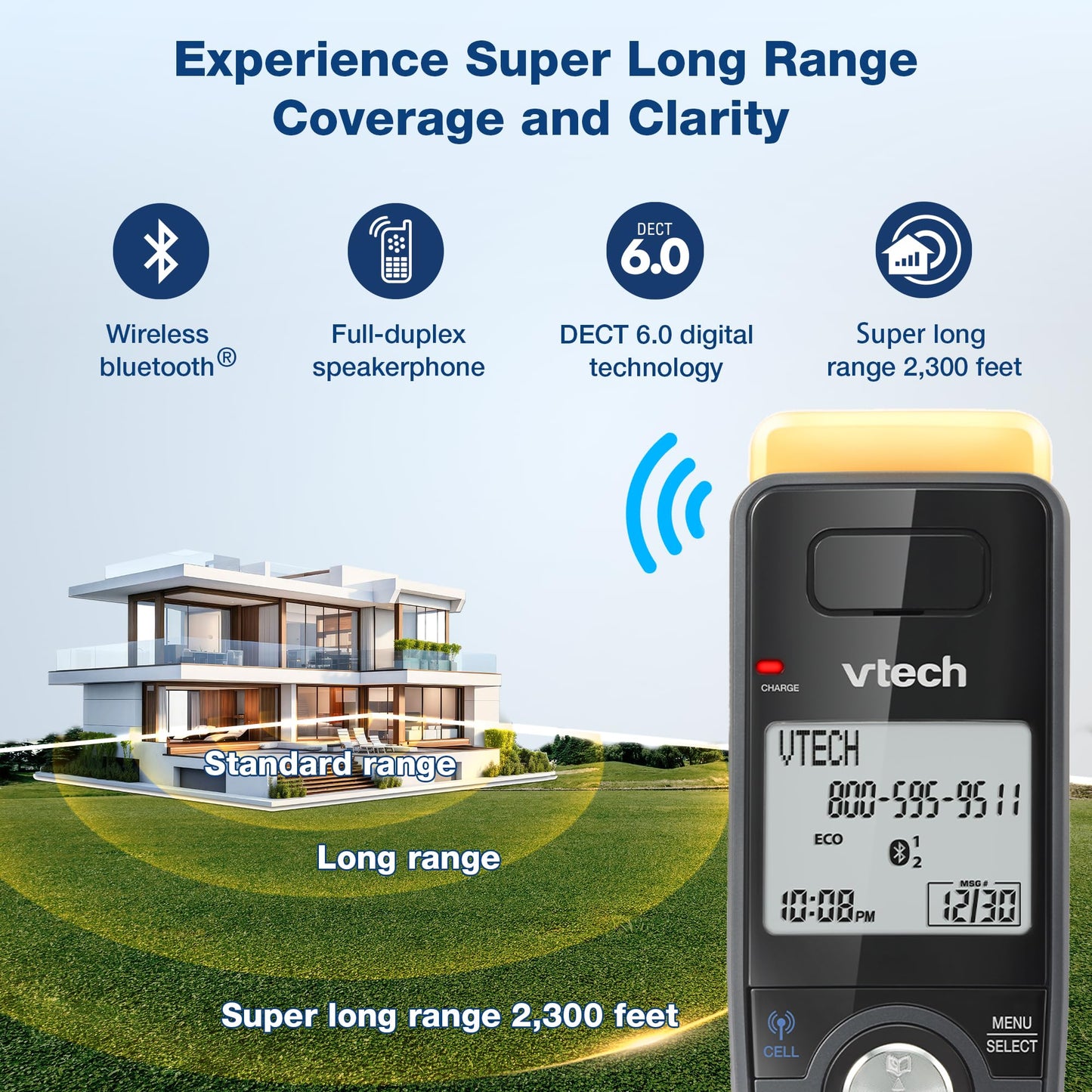 VTech IS8128-51 Super Long Range 5-Handset DECT 6.0 Cordless Phone for Home with Answering Machine, 2300 ft Range, Call Blocking, Bluetooth Connect to Cell, Intercom