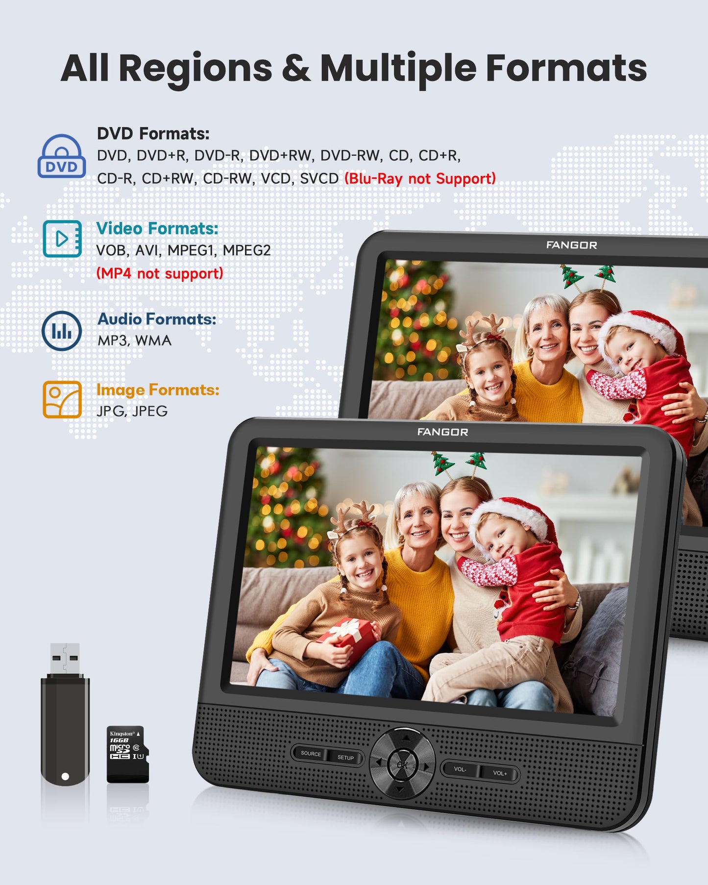 FANGOR 7.5 Inch Dual Car DVD Player, Portable DVD Player for Car with 5 Hours Rechargeable Battery, Last Memory, AV Out/in, Support USB/SD/Sync TV, All Regions