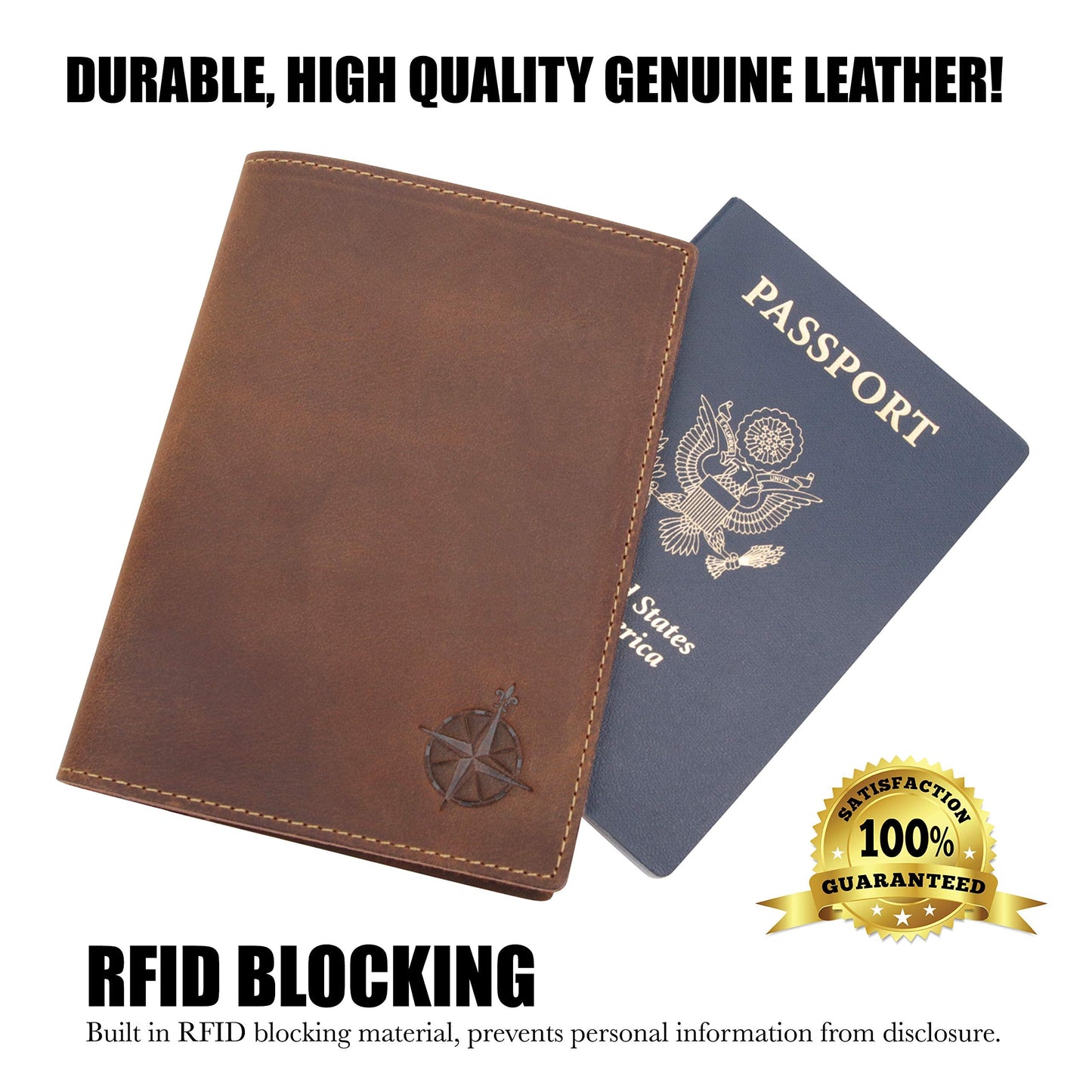 WANDERINGS Leather Travel Wallet with Passport Holder - 5.5" x 4" - Genuine Leather Case with RFID Blocking for Men and Women - Folding Wallet for Passports