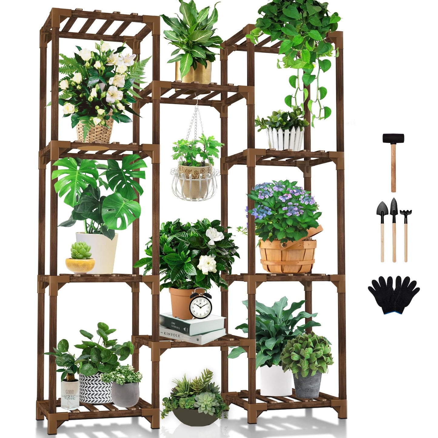 Uneedem Tall Shelf Stand Indoor Outdoor for Multiple Plants, 10 tiers 11 Pot Wood Plant Holder Rack for Room Corner Balcony Garden Patio Brown Large