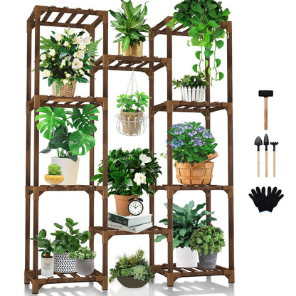Uneedem Tall Shelf Stand Indoor Outdoor for Multiple Plants, 10 tiers 11 Pot Wood Plant Holder Rack for Room Corner Balcony Garden Patio Brown Large
