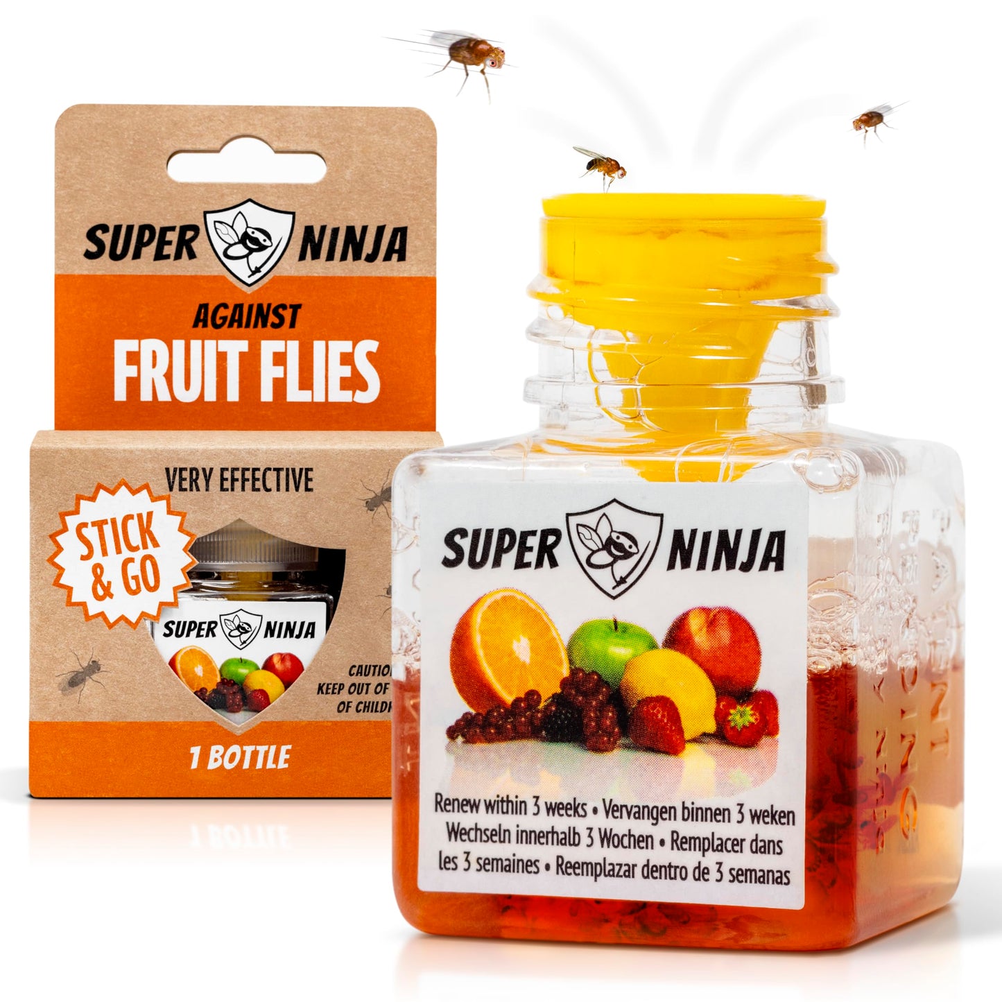 Super Ninja Fruit Fly Traps for Indoors - 1 Pack, Highly Effective Fruit Fly Catcher for Indoor Use for Home & Kitchen, Up to 3 Weeks of Performance per Bottle, Kid & Pet Friendly