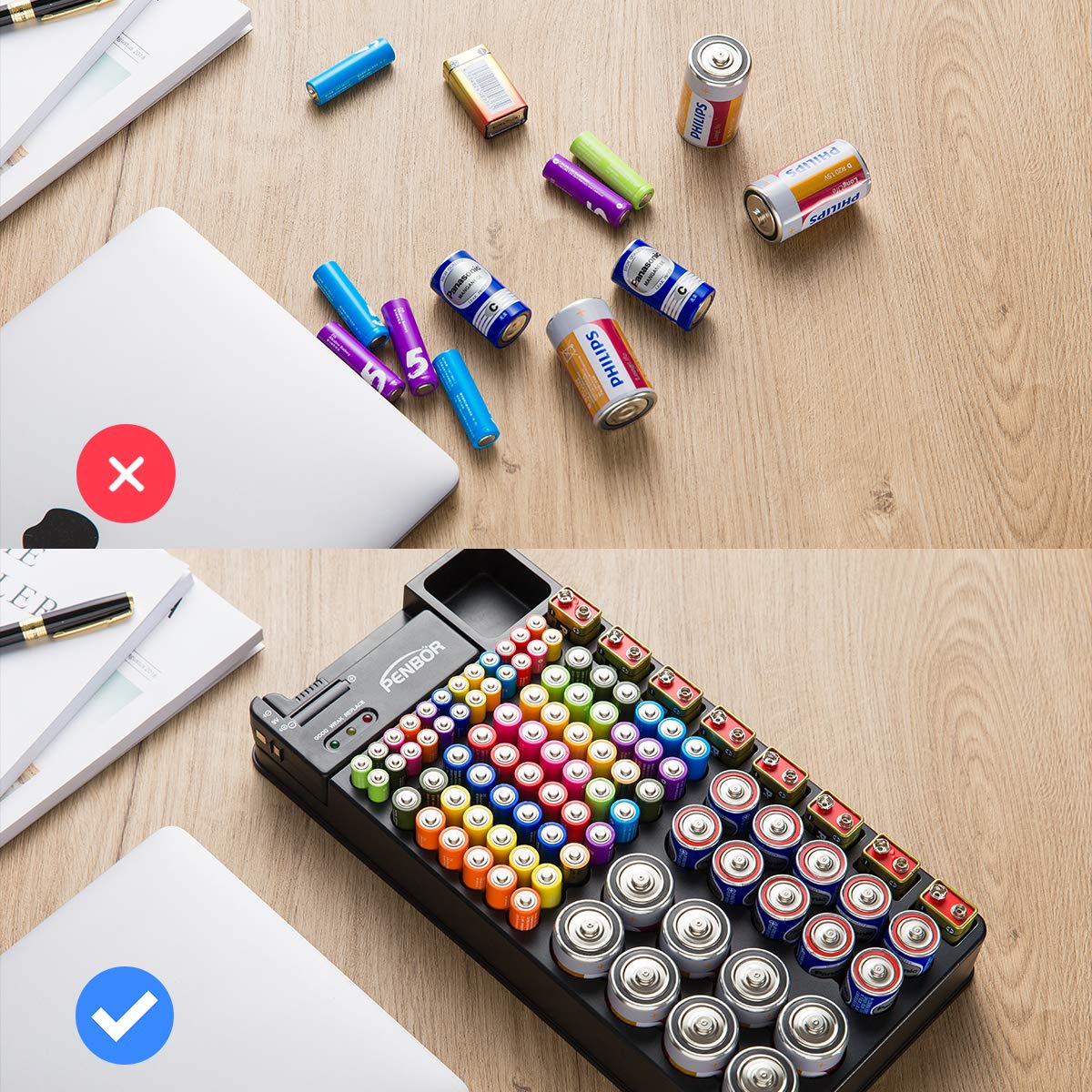 Battery Organizer Storage Case with No Lid Snap, Portable Battery Tester, Just The Right Size Slot with Wall-Mounted Design,Holds 110 Batteries Various Sizes for AAA, AA, 9V, C, D and Butt