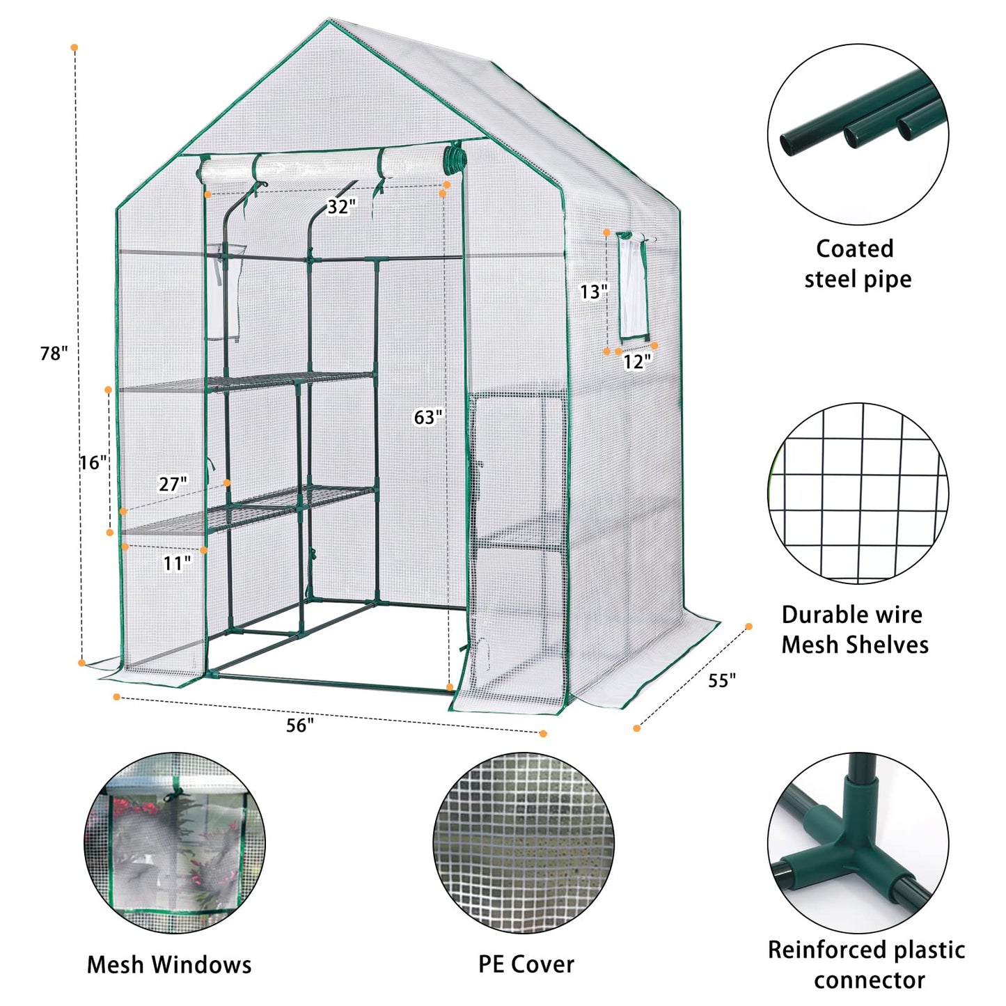 SV SCOOL VALUE Green Houses for Outdoors, PE Walk in Greenhouse with 2 Side Mesh Windows, Portable Green House with Anchors & Ropes Stands Up to Wind, 56"x56"x78" White