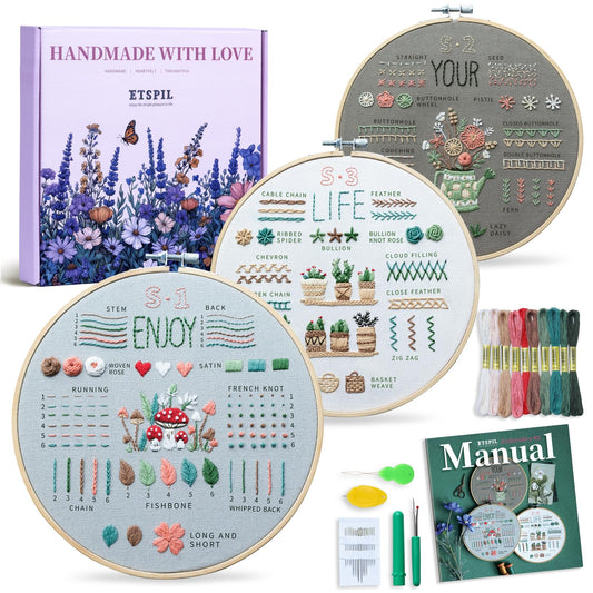 ETSPIL Embroidery Kit for Adult Beginners, 3-Pack 33-Stitch Practice Samplers, Pre-Stamped Patterns, 7.8-Inch Hoop, Threads & Needles, Step-by-Step Guide & Video, DIY Needlework Craft Gift for Women