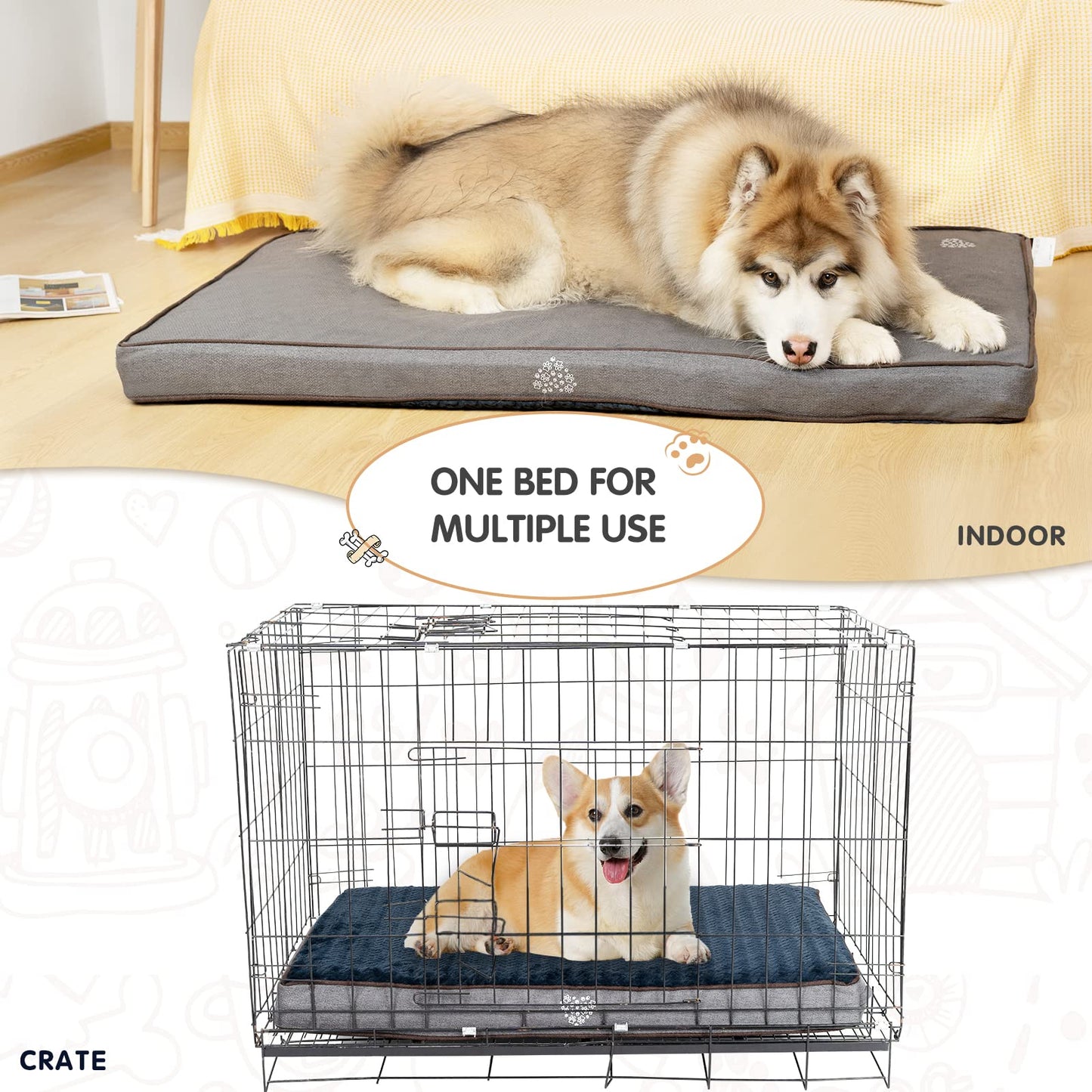 VANKEAN Dog Bed Soft Crate Pad Mat Reversible Cool & Warm, Washable Comfy Kennel Pad with Orthopedic Egg-Crate Foam for Small Medium Large Dogs, Water-Resistant Pet Bed, Gray/Dark Blue