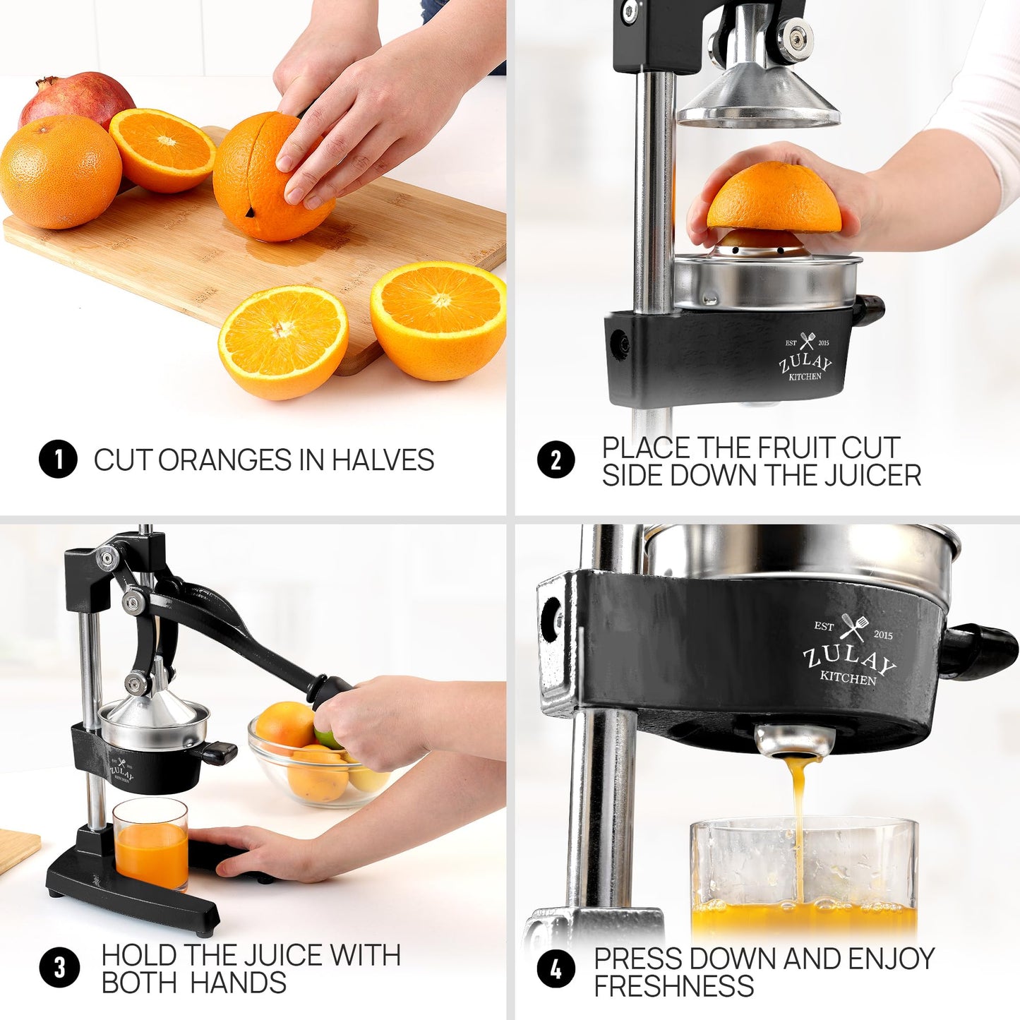 Zulay Kitchen Cast-Iron Orange Juice Squeezer - Easy-to-Clean, Heavy-Duty, Professional Citrus Juicer - Stainless Steel Lemon Squeezer - Manual Citrus Press & Orange Squeezer - Orange Juicer (Black)