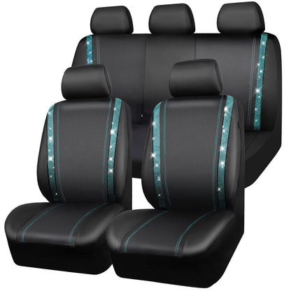 CAR PASS Bling Car Seat Covers Full Set, Shining Rhinestone Diamond Waterproof Faux Leather Universal Fit 95% Automotive Glitter Crystal Sparkle Strips for Cute Women Girl, Full Set (Mint Diamond)