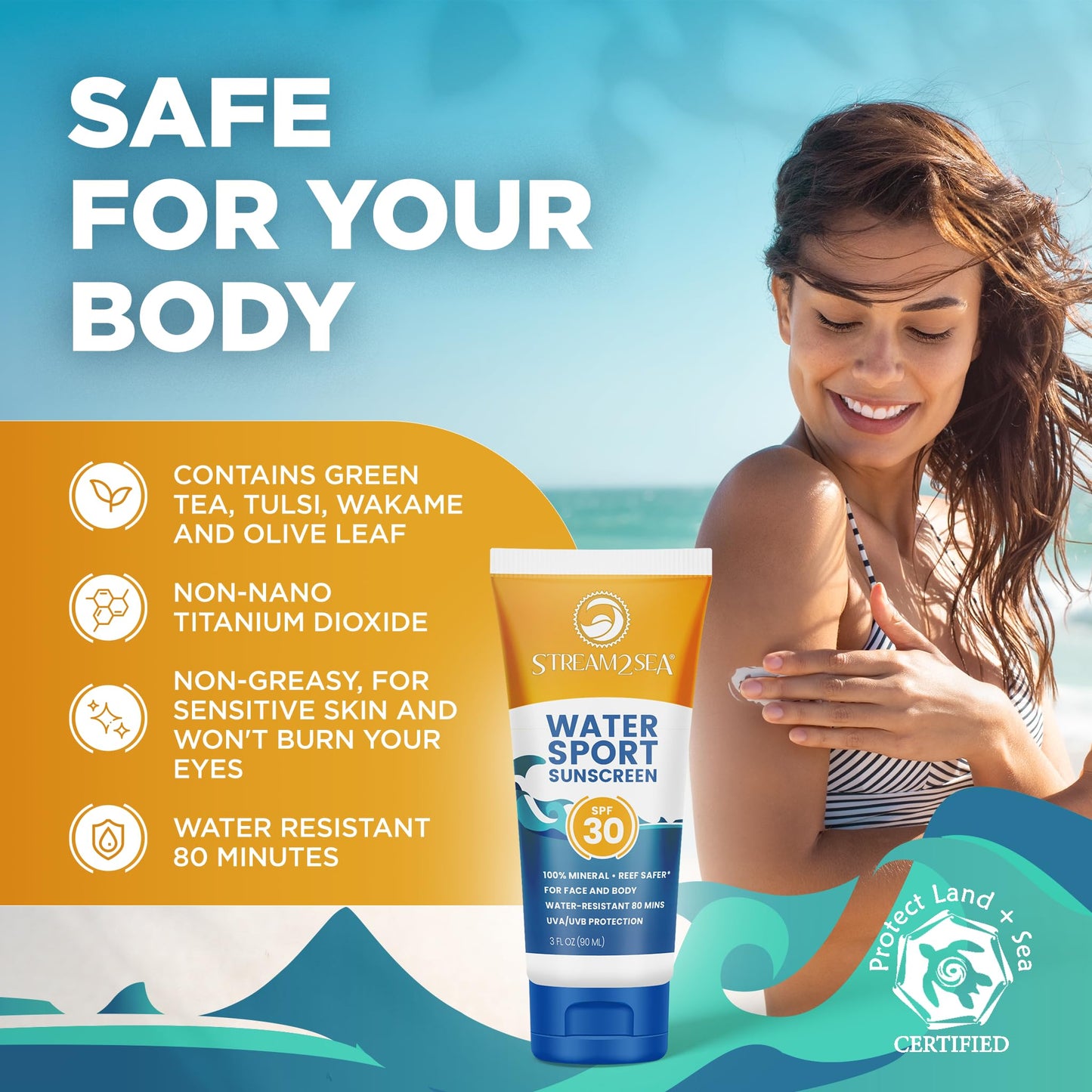 STREAM 2 SEA SPF 30 Biodegradable Mineral Sunscreen, 3 Fl oz Non-Greasy and Moisturizing Reef Safe Sunscreen For Face Protection and Body Against UVA and UVB