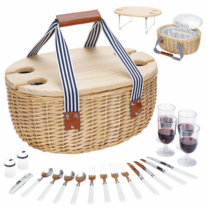 STBoo Picnic Basket for 4, Insulated Wicker Hamper with Folding Table, Willow Picnic Baskets Set with Large Insulated Cooler Bag for Camping Outdoor (Stripe)