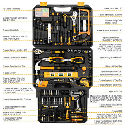 Tool Kit Box Drill Set：DEKOPRO Home Mechanic Toolbox with 12V Power Cordless Drill Hand Repair Tools Sets Combo Kits Storage Organizer Drawer Case for Men