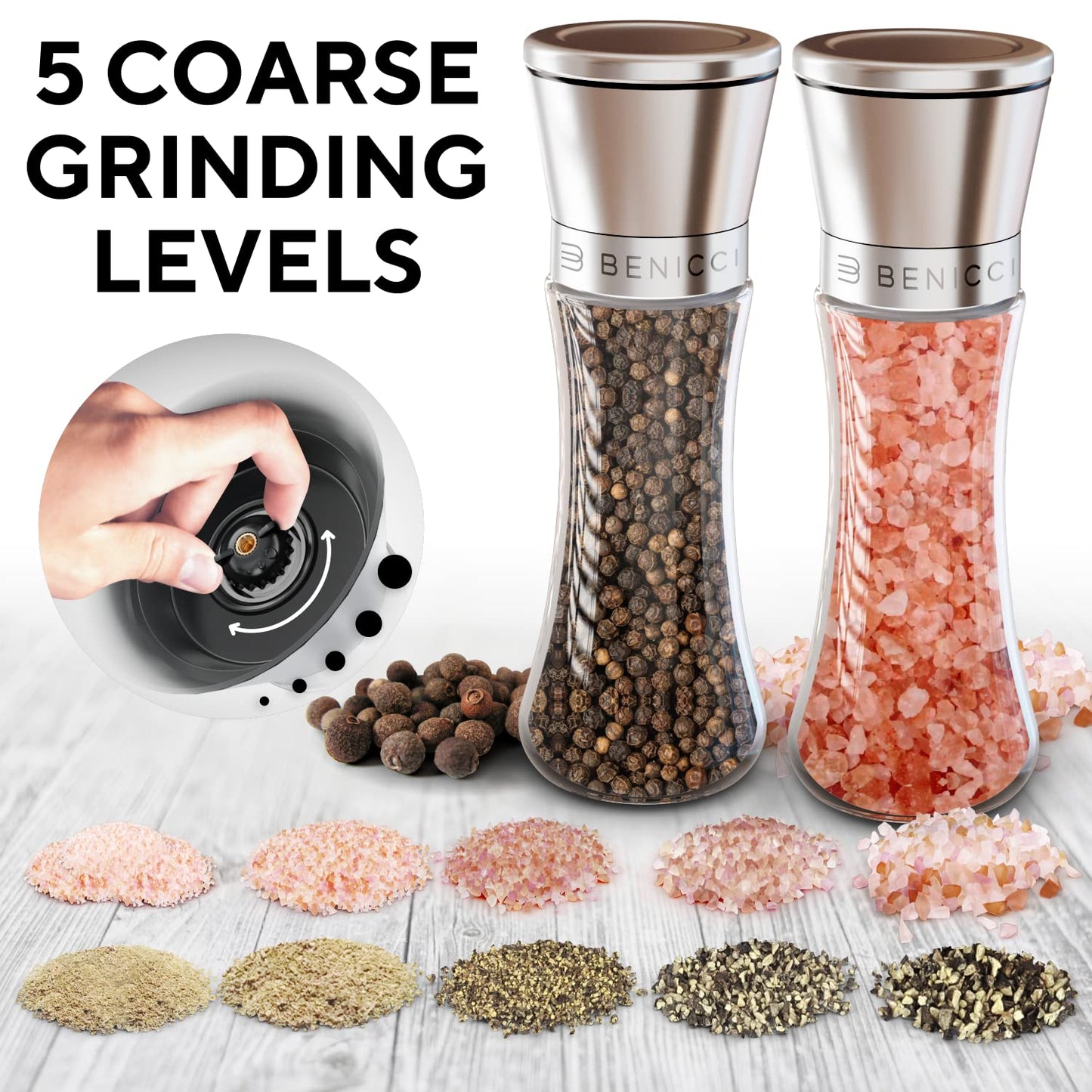 Premium Salt and Pepper Grinder Set of 2 - Two Refillable Stainless Steel Sea Salt & Spice Shakers with Adjustable Coarse Mills - Easy Clean Ceramic Grinders w/BONUS Silicone Funnel & Cleaning Brush