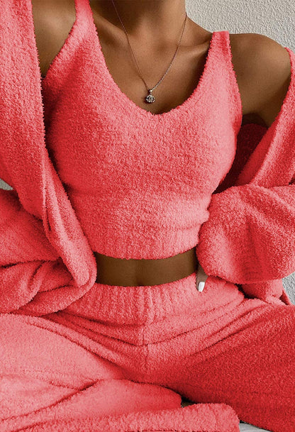 Three Piece Fleece Outfits for Women Warm Cardigan Cover Up Crop Tank Top Palazzo Pants Tracksuit Pink S