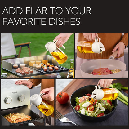 YARRAMATE 16oz/470ml Glass Olive Oil Sprayer for Cooking with Stickers, 2 in 1 Oil Dispenser for Kitchen Gadgets, Food Grade Premium Spray Bottle for Salad, Frying, BBQ (Creamy White)