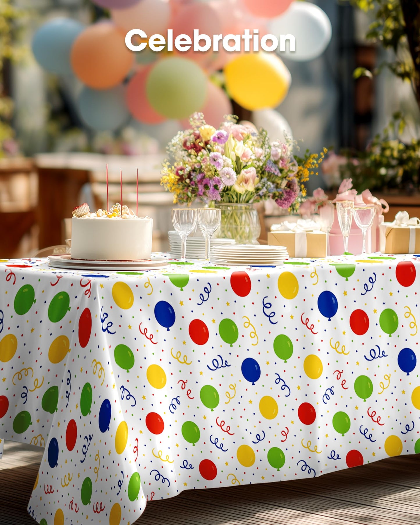 Pureegg Plastic Table Cloth Disposable 10 Pack, 54 x 108 Inch Table Cloths, Birthday Party Decorations, Picnic, White Tablecloths, Rectangle, Colorful, Rainbow Cover, Leakproof & Sturdy, Balloon