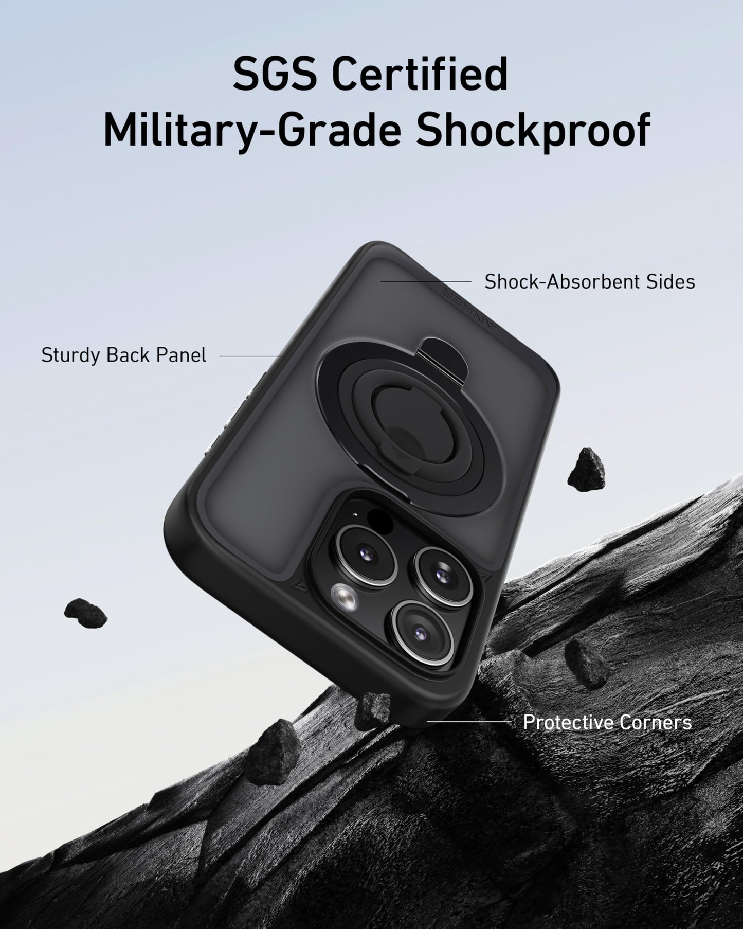 Anker Magnetic Ring Stand for iPhone 15 Case, Silicone Finger Ring Grip Stand Holder, Military Grade Drop Tested, Compatible with MagSafe, Built in Kickstand, Soft Edge Anti-Fingerprint, Black