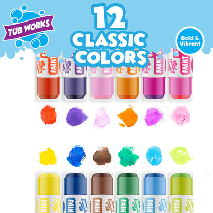 Tub Works® Bath Paint Sticks™ Bath Toy, 12 Count | Nontoxic, Washable Bathtub Paint for Kids & Toddlers | Twistable Sticks Draw Smoothly on Tub Walls | Smooth, Vibrant Alternative to Bath Crayons