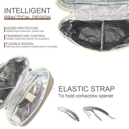 ZORMY 2 Bottle Insulated Wine Carrier Bag for Travel, Wine Carrier Tote Cooler Bag with Shoulder Strap & Corkscrew Opener, Perfect Wine Lover's Gift, Great for Picnics and Outdoor Entertaining