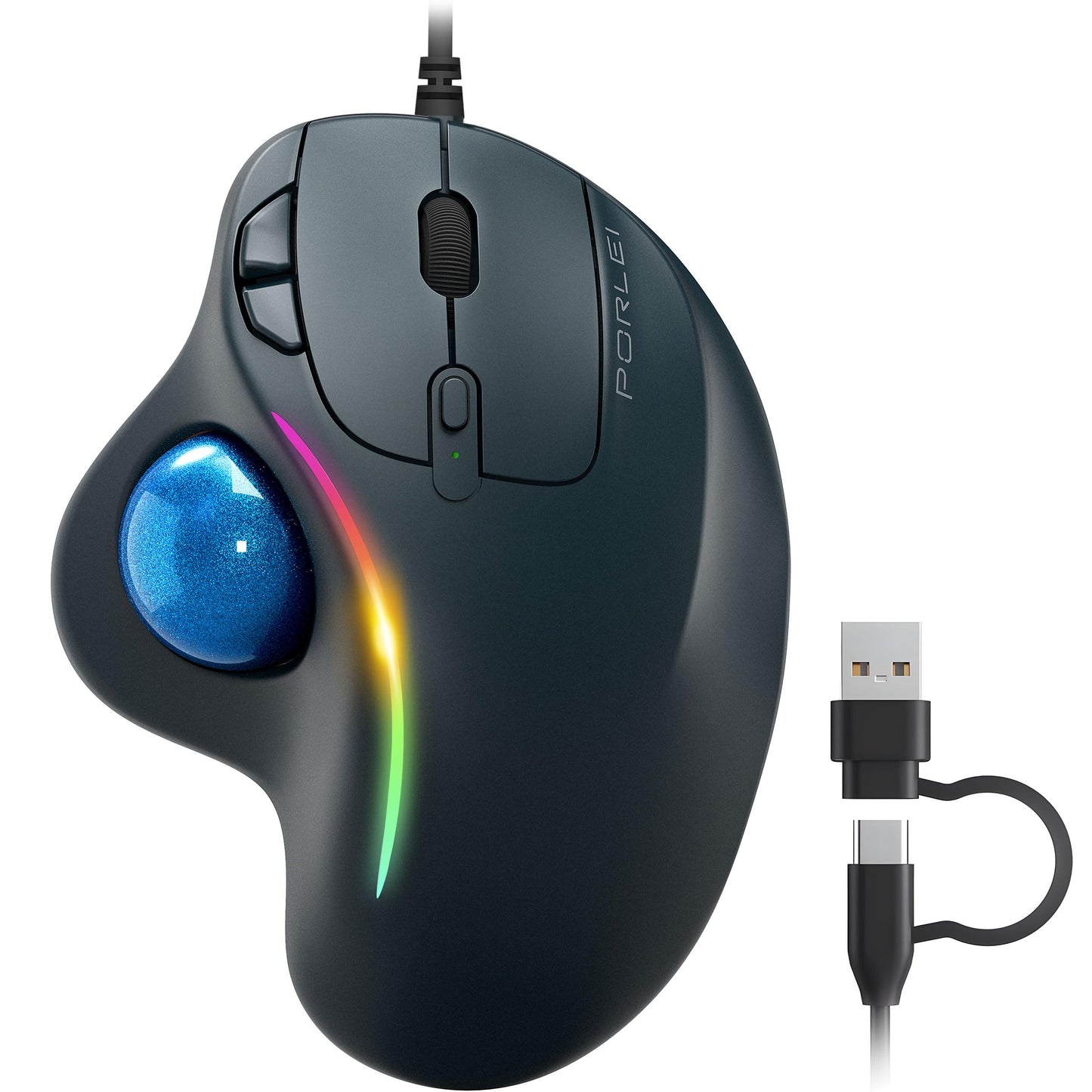 Wired Trackball Mouse with RGB Lighting, Ergonomic Thumb Control to Reduce Muscle Strain, 5 Adjustable DPI Settings, Dual USB-C & USB-A Connectivity, Compatible with PC, Laptop, Mac, Windows-Blue