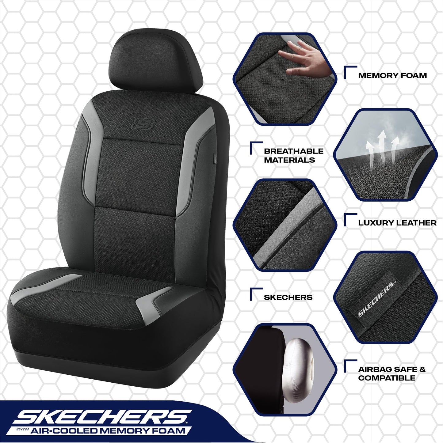 Skechers Memory Foam Car Seat Covers, Air Cool Mesh Thick Seat Covers, Gray Two Front Car Seat Protector, Airbag Compatible, Automotive Comfort & Protection for Most Cars, Van,Trucks, SUV,Grey