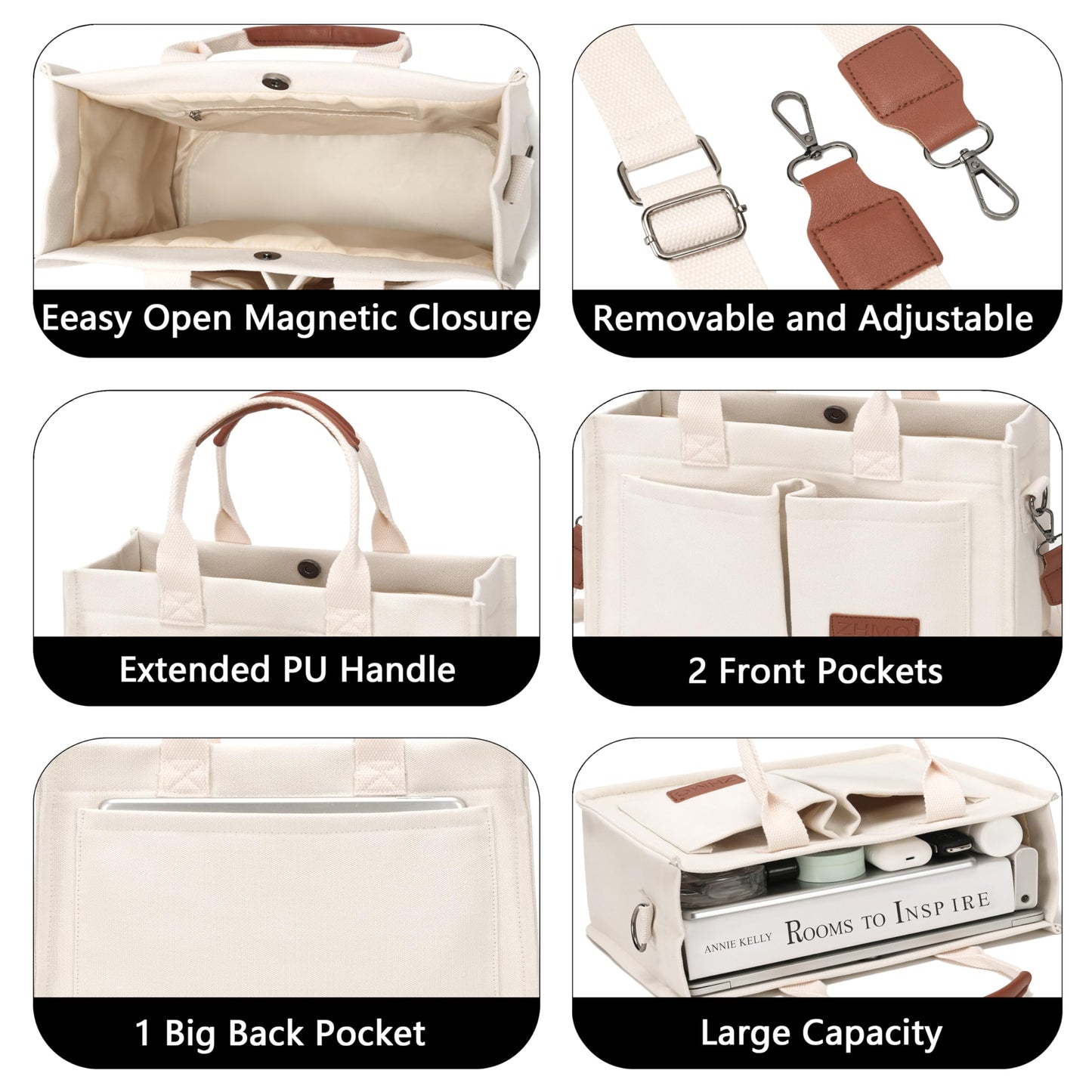 ZHMO Canvas Tote Bag with Compartments, Top Handle and Pockets for Women, Purse Crossbody Laptop Satchels Shoulder Handbags for Work, Book, Travel, Nurse, Church, Gym, Beach, Office, Beige, Large