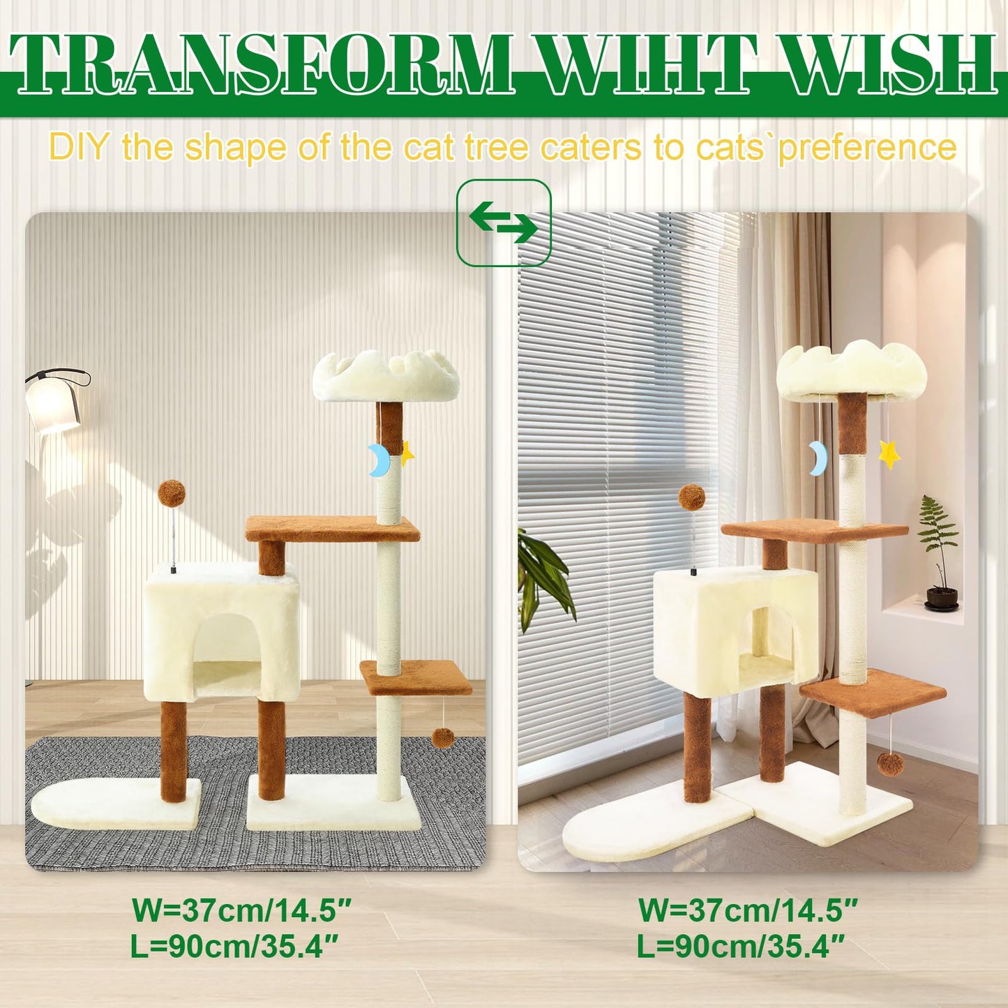 41 Inches Cat Tree Tower with Scratching Post, Tall Cat Trees for Indoor Cats Large Adult, Multi-Level Cozy Plush Cat Houses & Condo Furniture with Top Perch, Cats Climbing Towers(White)