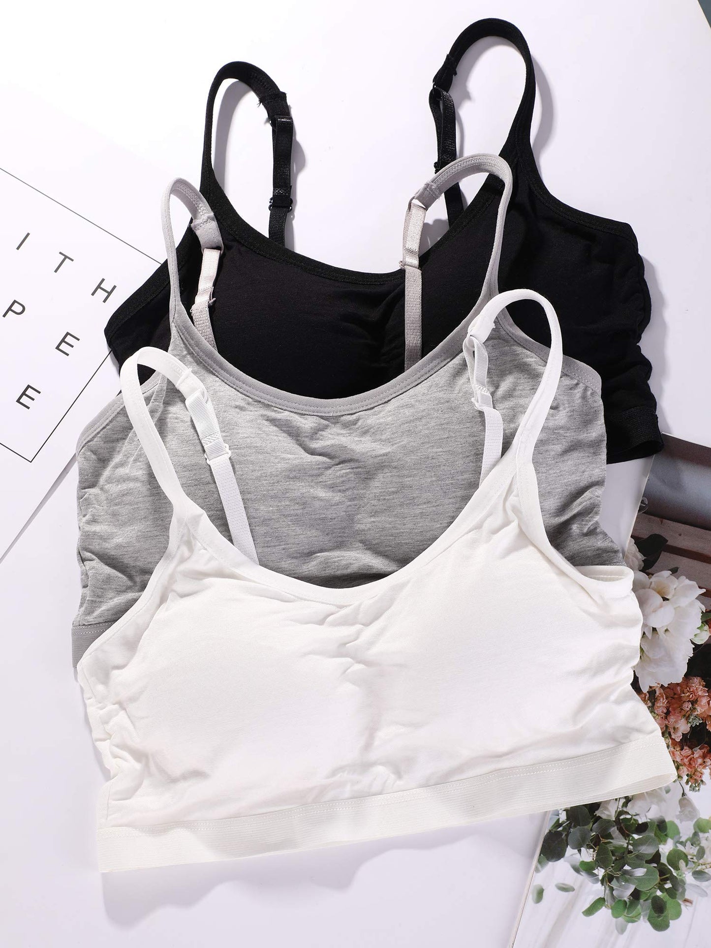 Blulu Mini Camisole Bra Wireless Padded Bra with Adjustable Straps for Women Girls Black White Grey