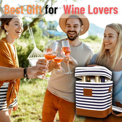 HAMILO 4 Bottle Wine Carrier - Stripe, Champagne Carrier Bag, Waterproof Wine Tote Bag with Expandable Zipper and Padded Shoulder, Insulated Wine Bag, Wine Cooler Bag, Wine Accessories Gift for Women
