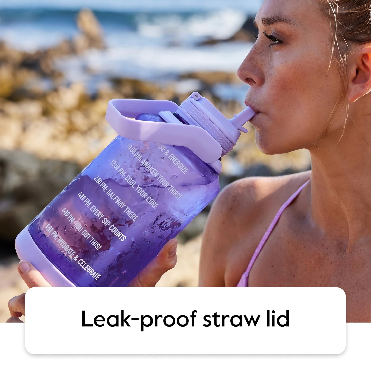 Takeya Tritan 64 oz Motivational Water Bottle with Straw Lid - Durable, BPA-Free - With Time Marker - Leakproof & Non-Slip Bumper - Cloud White