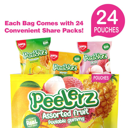 Amos Peelerz Assorted Peelable Gummy – Tropical Peeling Candy Variety Pack | Mango, Lychee & Pineapple | 24 Individual Packs (608g) | Fun, Chewy & Shareable Treat