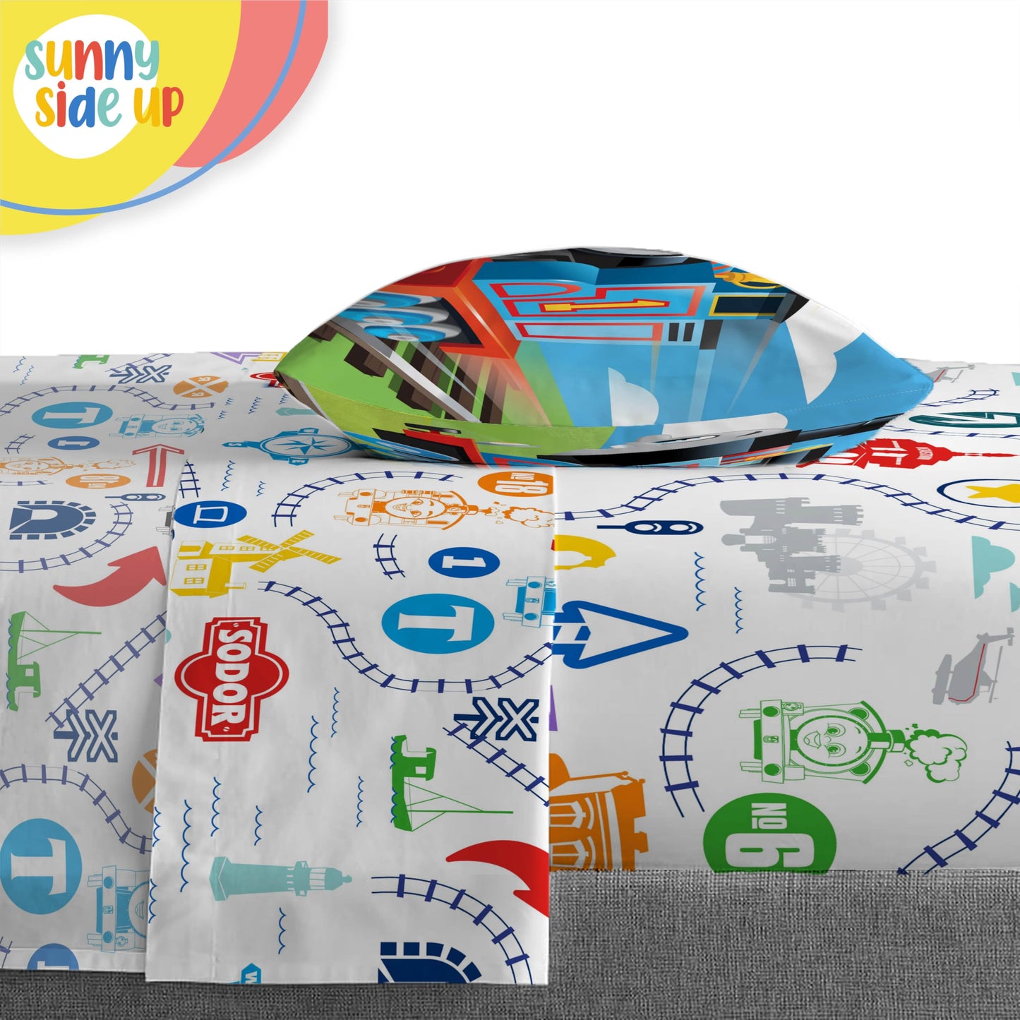 Sunny Side Up Mattel Thomas & Friends Toddler Comforter Set - 4 Piece Preschool Bedding Includes Comforter, Sheets & Pillow Cover - Super Soft Trains Microfiber Bed Set