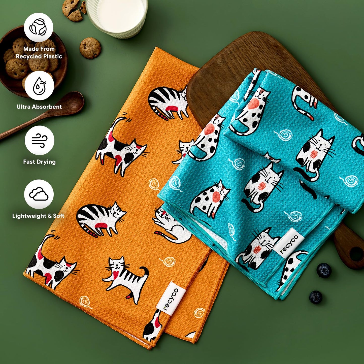 RECYCO Waffle Kitchen Towel Set of 2 - Quick Dry Microfiber Sustainable Dish Towels - Ultra Absorbent Reusable Cleaning Tea Towels - Lightweight Hand Towels,16”x 28”, Cuddly Cats