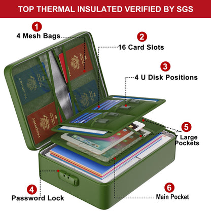 ENGPOW 5200°F Fireproof Document Bag with Lock, Upgraded Heat Insulated Fireproof＆Waterproof Box 8 Layers Document Organizer, Portable Home Travel Safe Storage Box for Important Files, Laptop,Green