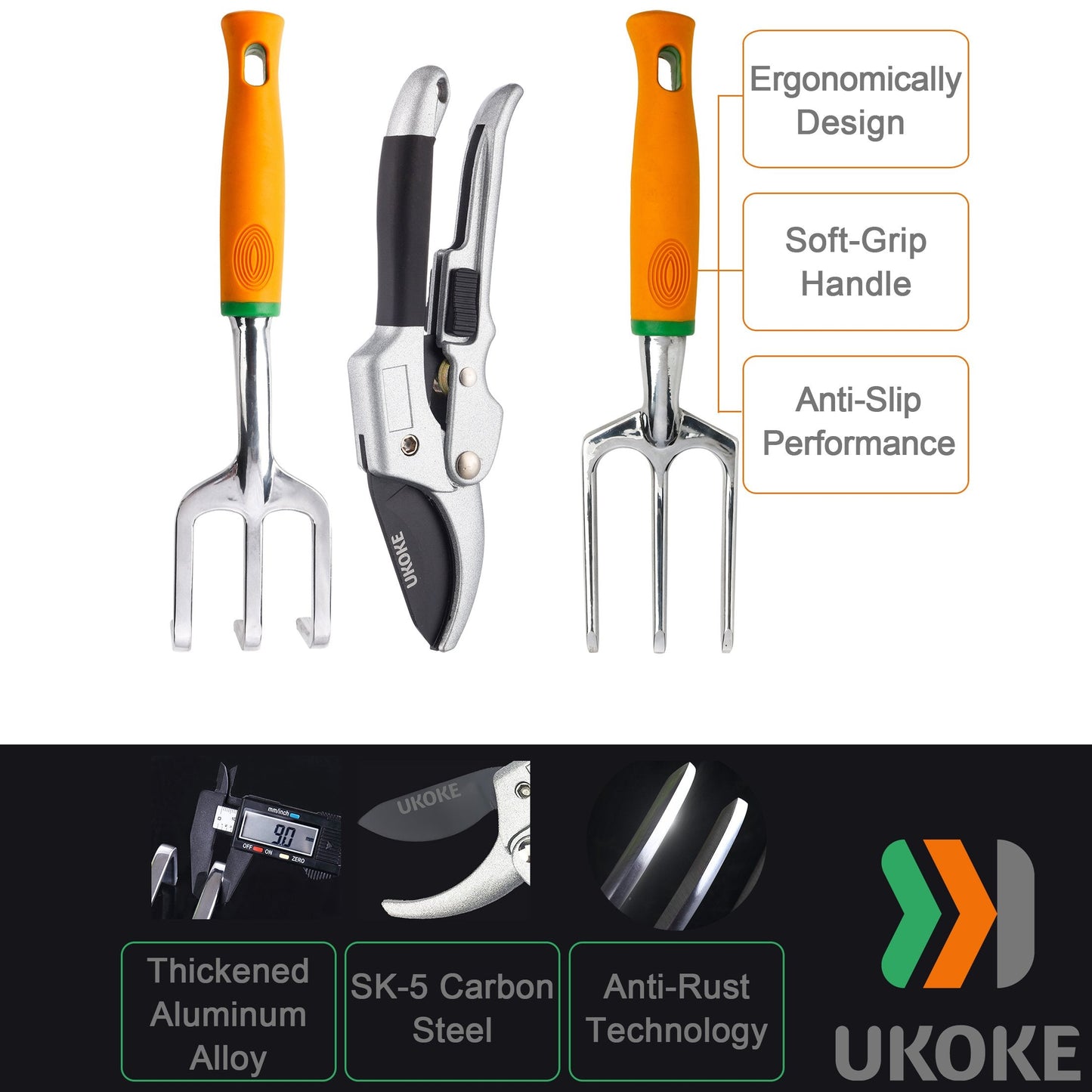 UKOKE Garden Tool Set, 12 Piece Aluminum Hand Tool Kit, Garden Canvas Apron with Storage Pocket, Outdoor Tool, Heavy Duty Gardening Work Set with Ergonomic Handle, Gardening Tools for women men