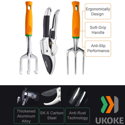 UKOKE Garden Tool Set, 12 Piece Aluminum Hand Tool Kit, Garden Canvas Apron with Storage Pocket, Outdoor Tool, Heavy Duty Gardening Work Set with Ergonomic Handle, Gardening Tools for women men