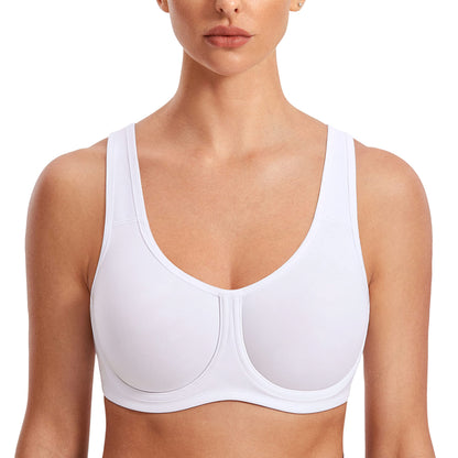 SYROKAN Women's Max Control Underwire Sports Bra High Impact Plus Size with Adjustable Straps Unlined Bra White 36DD