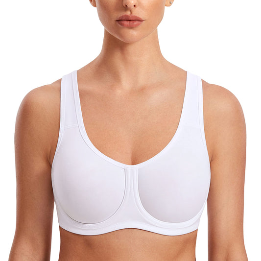 SYROKAN Women's Max Control Underwire Sports Bra High Impact Plus Size with Adjustable Straps Unlined Bra White 36DD