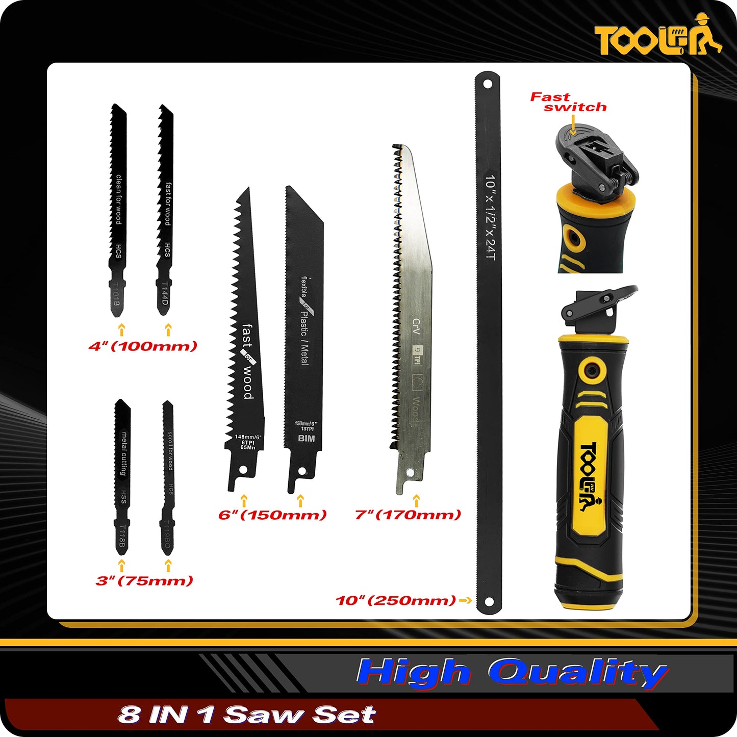 TOOLAN: 8-In-1 Multi Blades Hand Saw, Drywall Cutter. Hacksaw. Long Blade Hand Saw, Jab Saw, For Cutting Drywall, Sheetrock, Wood, Metel, Plastic, Plywood. Blade Quick Change Mechanism.