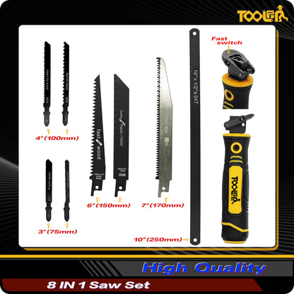 TOOLAN: 8-In-1 Multi Blades Hand Saw, Drywall Cutter. Hacksaw. Long Blade Hand Saw, Jab Saw, For Cutting Drywall, Sheetrock, Wood, Metel, Plastic, Plywood. Blade Quick Change Mechanism.