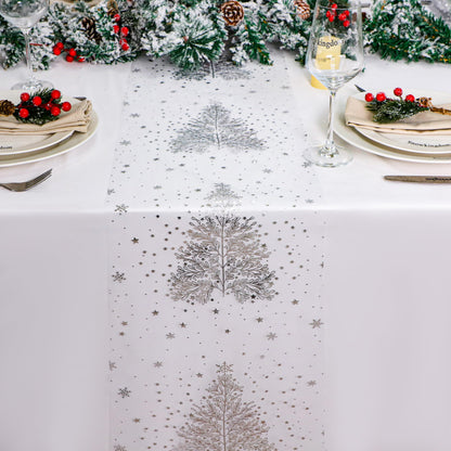 Snowkingdom Silver Christmas Tree Table Runner Xmas Winter Snowflakes 120 Inch Sparkly Glitter Mesh Runners Kitchen Dining Table Decorations for Seasonal Festival Holiday Indoor Outdoor Home Party