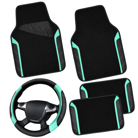 CAR PASS Leather Steering Wheel Cover and Waterproof Car Floor Mats,Microfiber Universal Car Combo Fit for 95% Sedan,SUV,Cars,14.5-15inch Sporty Anti-Slip Safety Comfortable Design(Black&Mint)