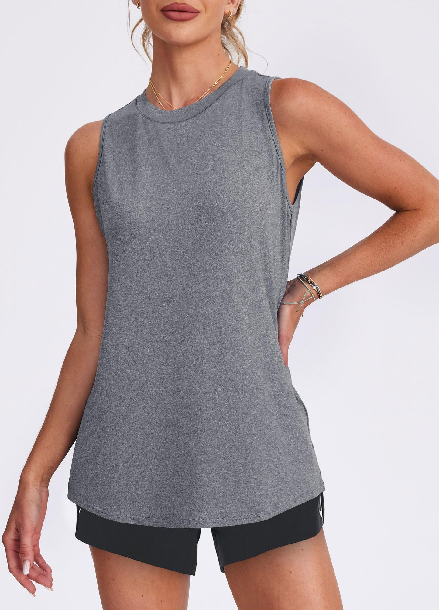 Workout Tops for Women Round Neck Tank Tops Yoga Shirts Athletic Running Tank Tops Sleeveless Gym Clothes Grey M