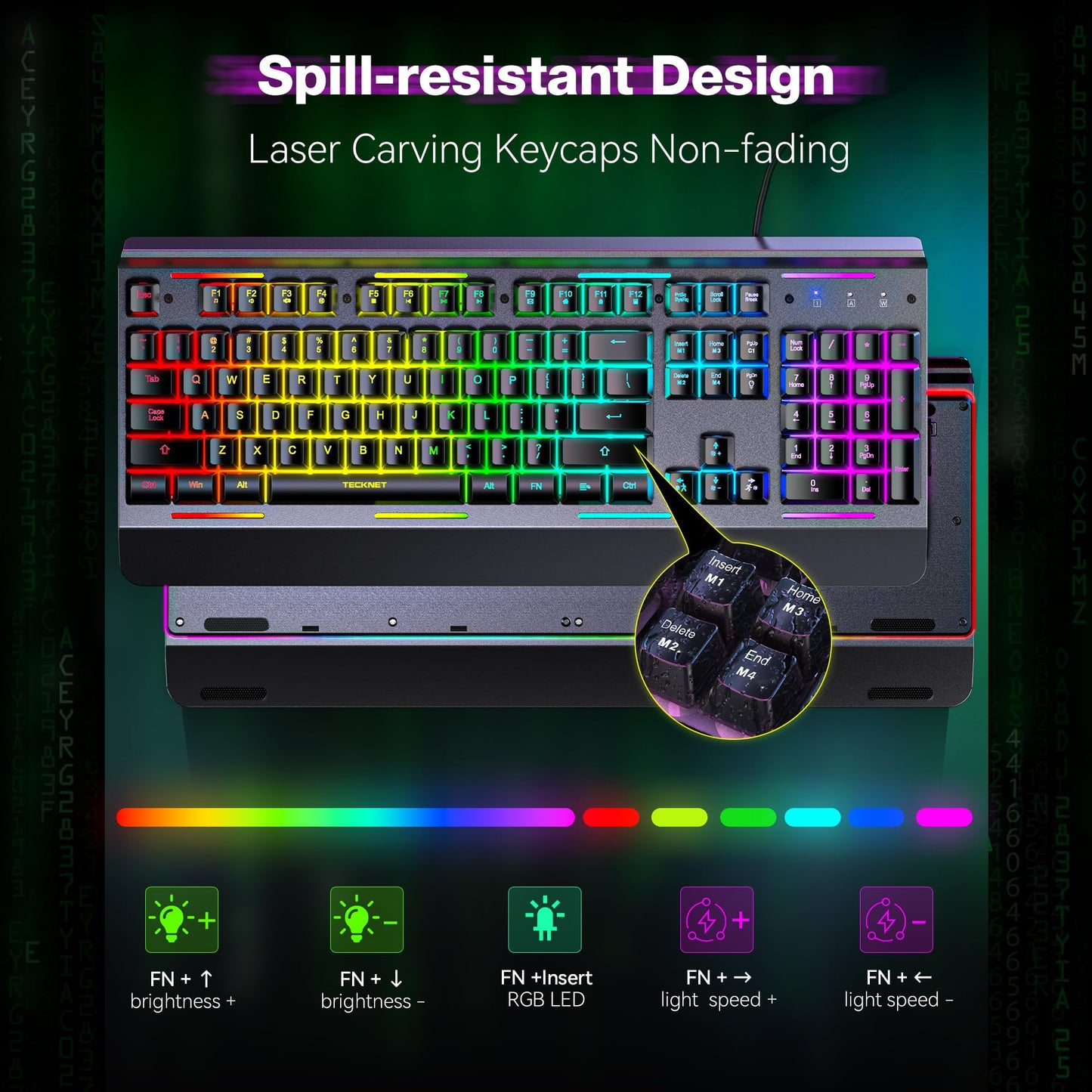 TECKNET Gaming Keyboard, USB Wired Computer Keyboard, 15-Zone RGB Illumination, IP32 Water Resistance, 25 Anti-ghosting Keys, All-Metal Panel (Whisper Quiet Gaming Switch)
